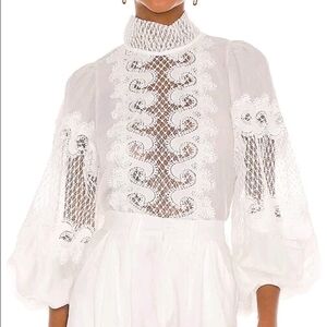 Runwayskirts Elegant Poet White Lace Blouse Puff Long Sleeves High Neck